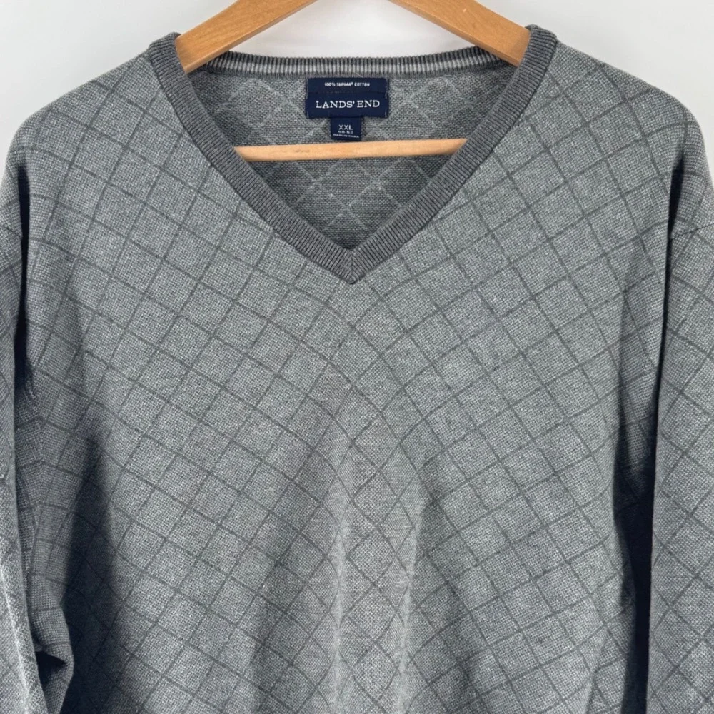 Lands End Mens XXL V Neck Sweater‎ Grey Diamond Knit Supima Cotton Long Sleeve